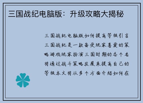 三国战纪电脑版：升级攻略大揭秘